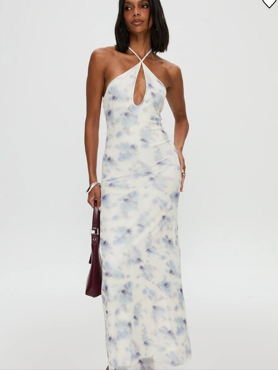 Princess Polly Dresses & Skirts - Princess Polly Walk On Water Cream & Blue Halter Keyhole Maxi Dress